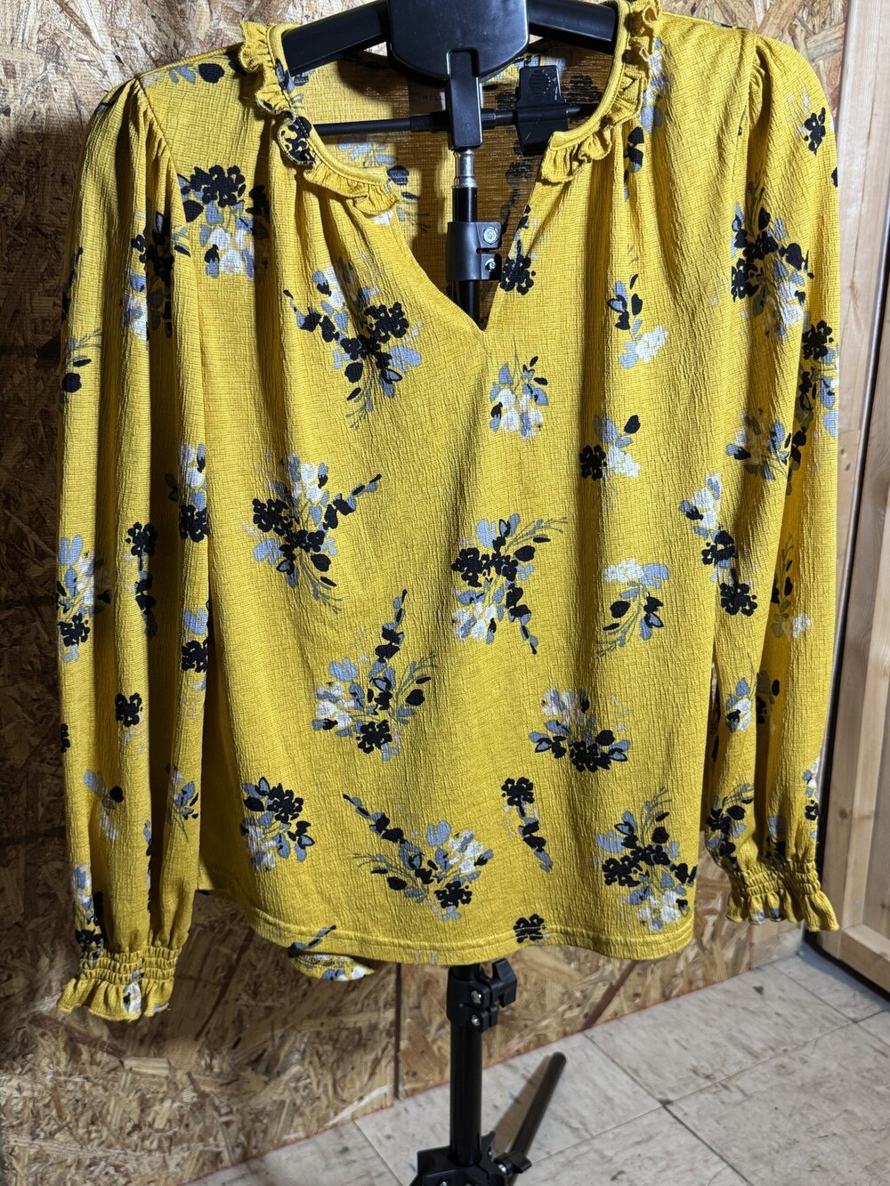 Yellow Floral Long Sleeve Blouse with Smocked Cuff and Ruffle Detail